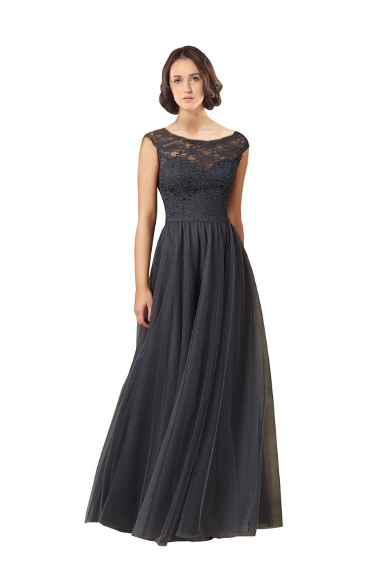 Long Bateau Tulle Bridesmaid Dress with Lace Bodice