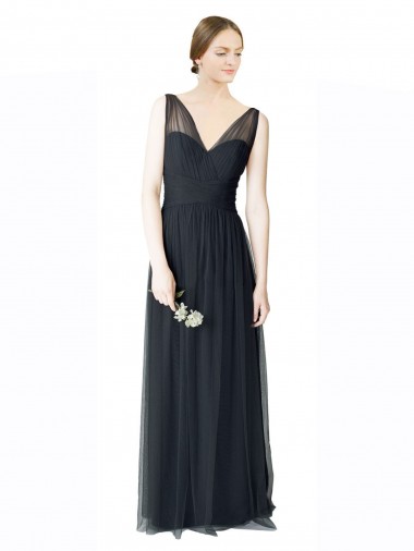 Shop Long Tulle Bridesmaid Dress with Illusion Shoulder Straps and V-Back Canada