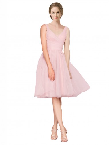 Shop Short Knee Length Wide Strap Plunge Cross Over Neckline Tulle Cocktail Bridesmaid Dress Canada