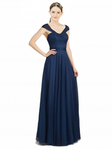 Shop Ruched Sweetheart Long A-Line Tulle Bridesmaid Dress with Wide Straps and Tie Back Canada