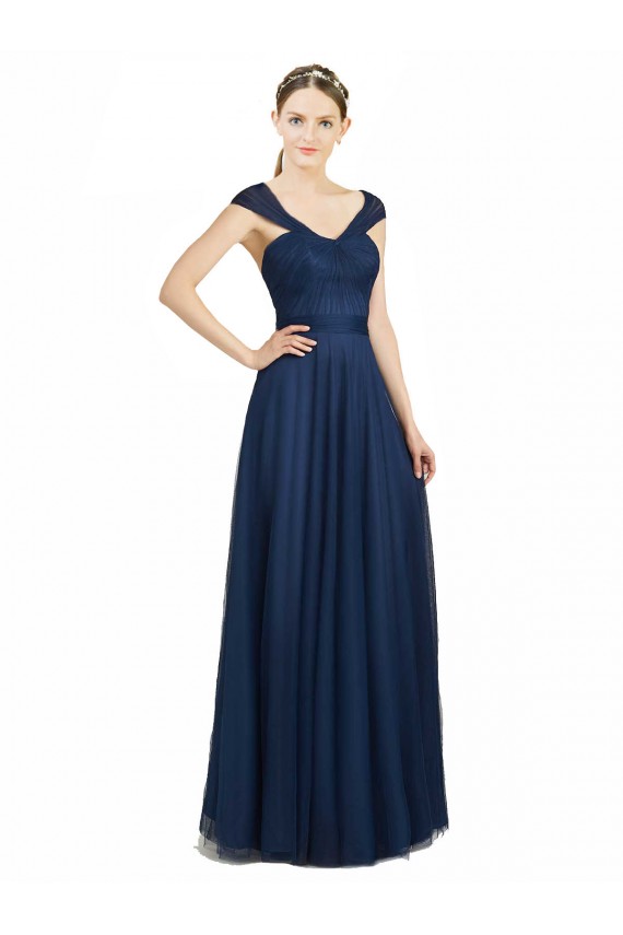 Ruched Sweetheart Long A-Line Tulle Bridesmaid Dress with Wide Straps and Tie Back