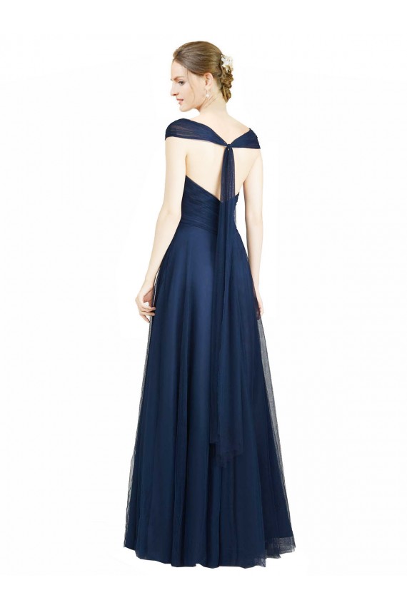 Ruched Sweetheart Long A-Line Tulle Bridesmaid Dress with Wide Straps and Tie Back