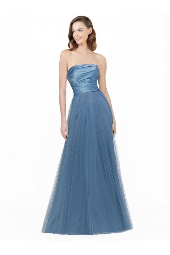 Long Strapless Bridesmaid Dress with Soft Tulle Overlay