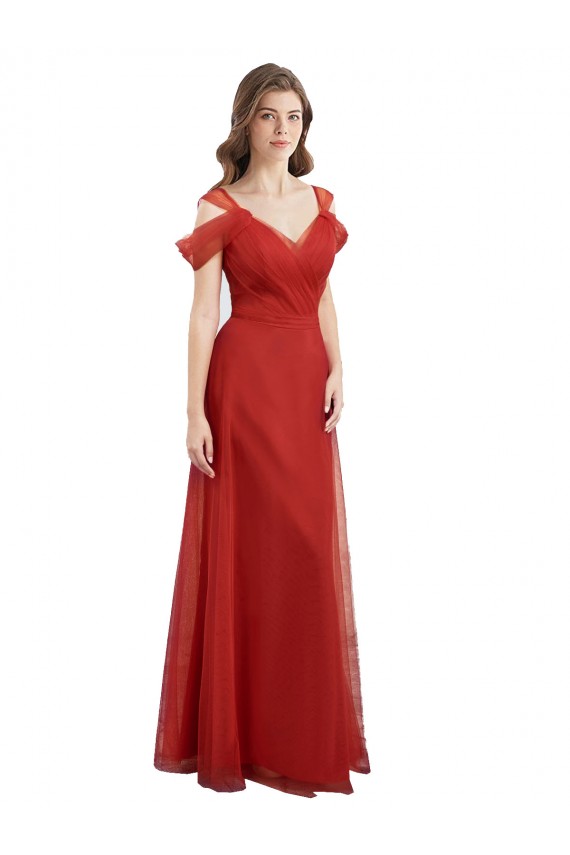 Cold Shoulder Pleated Wrap Tulle Bridesmaid Dress with Low V-Back