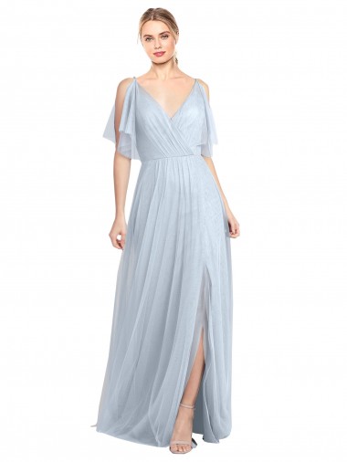 Shop Floor Length Flutter Sleeves Long Tulle Bridesmaid Dress with Side Slit Canada