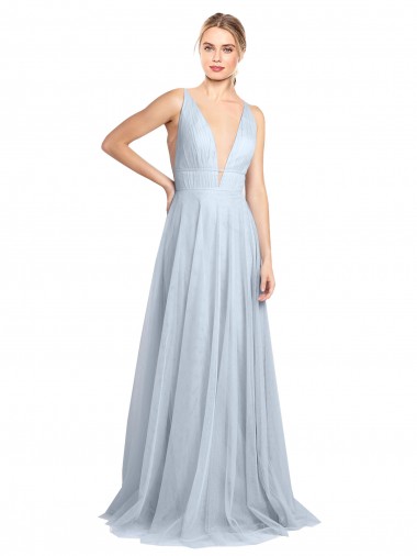 Shop Plunging Deep V-Neck Long Tulle Bridesmaid Dress with V-Back Canada