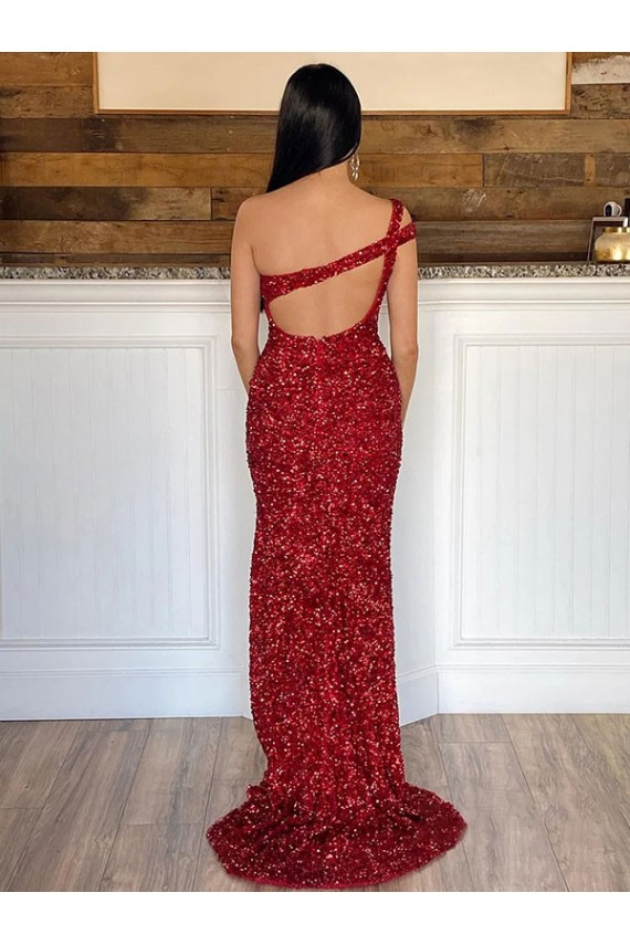 One Shoulder Sleeveless Long Sweep Train Velvet Sequin Prom Dress