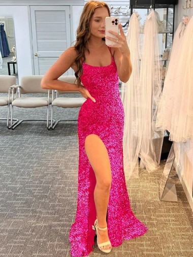 Shop Spaghetti Straps Sleeveless Long Velvet Sequin Prom Dress with Slit and Criss Cross Open Back Canada