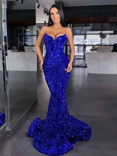 Shop Mermaid Spaghetti Straps Sleeveless Long Sweep Train Velvet Sequin Prom Dress Canada