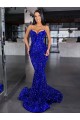 Mermaid Spaghetti Straps Sleeveless Long Sweep Train Velvet Sequin Prom Dress