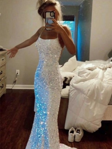 Shop Long Spaghetti Straps Sleeveless Sweep Train Velvet Sequin Prom Dress Canada