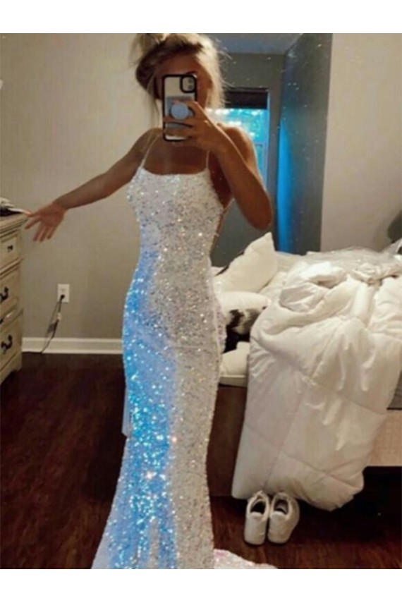 Long Spaghetti Straps Sleeveless Sweep Train Velvet Sequin Prom Dress