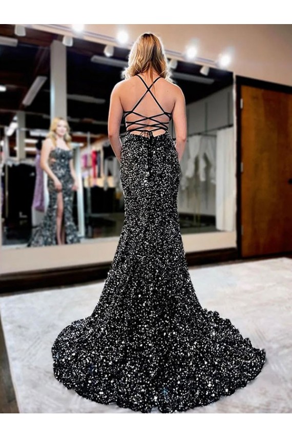 Spaghetti Straps Sleeveless Long Sweep Train Velvet Sequin Prom Dress