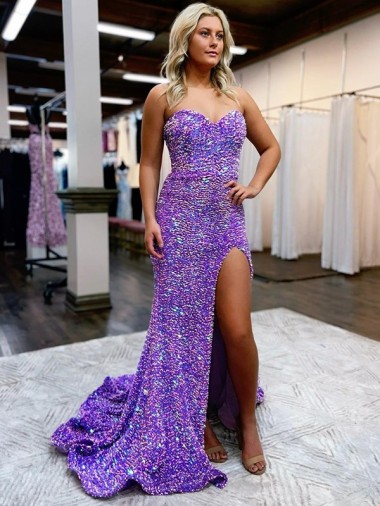 Shop A-Line Sweetheart Sleeveless Long Velvet Sequin Prom Dress with Slit Canada