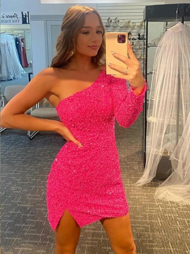 Shop Short Velvet Sequin One Shoulder Long Sleeves Homecoming Dress / Prom Dress Canada