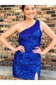 One Shoulder Sleeveless Short Velvet Sequin Royal Blue Homecoming Dress / Prom Dress