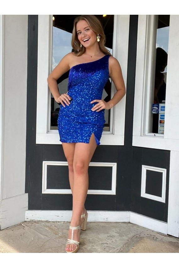 One Shoulder Sleeveless Short Velvet Sequin Royal Blue Homecoming Dress / Prom Dress