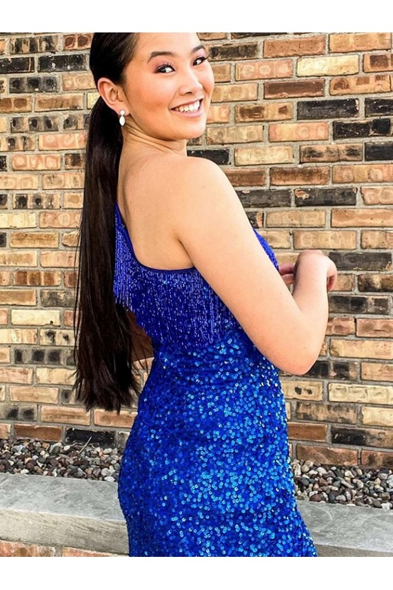 One Shoulder Sleeveless Short Velvet Sequin Royal Blue Homecoming Dress / Prom Dress