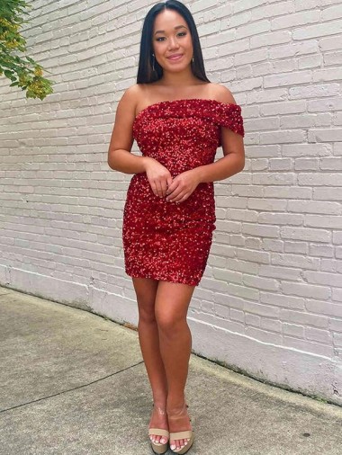 Shop Short One Shoulder Sleeveless Velvet Sequin Cocktail Homecoming Dress / Prom Dress Canada