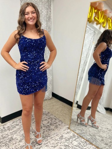 Shop Spaghetti Straps Backless Sleeveless Short Velvet Sequin Homecoming Dress / Prom Dress Canada