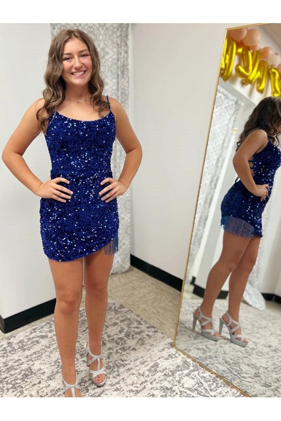 Spaghetti Straps Backless Sleeveless Short Velvet Sequin Homecoming Dress / Prom Dress