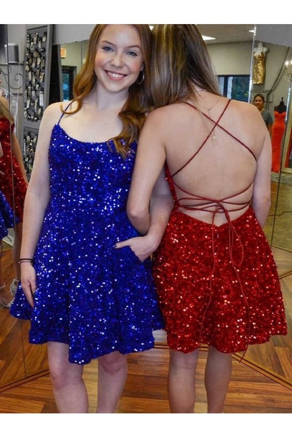 A-Line Spaghetti Straps Sleeveless Short Velvet Sequin Homecoming Dress / Prom Dress