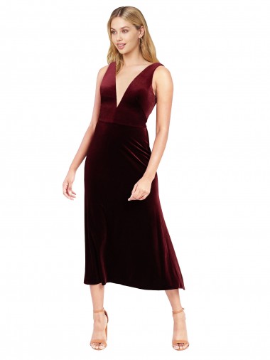 Shop Daring Plunging V-Neckline Short Midi Cocktail Length Velvet Bridesmaid Dress / Prom Dress Canada