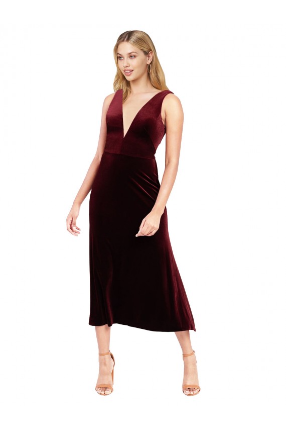 Daring Plunging V-Neckline Short Midi Cocktail Length Velvet Bridesmaid Dress / Prom Dress