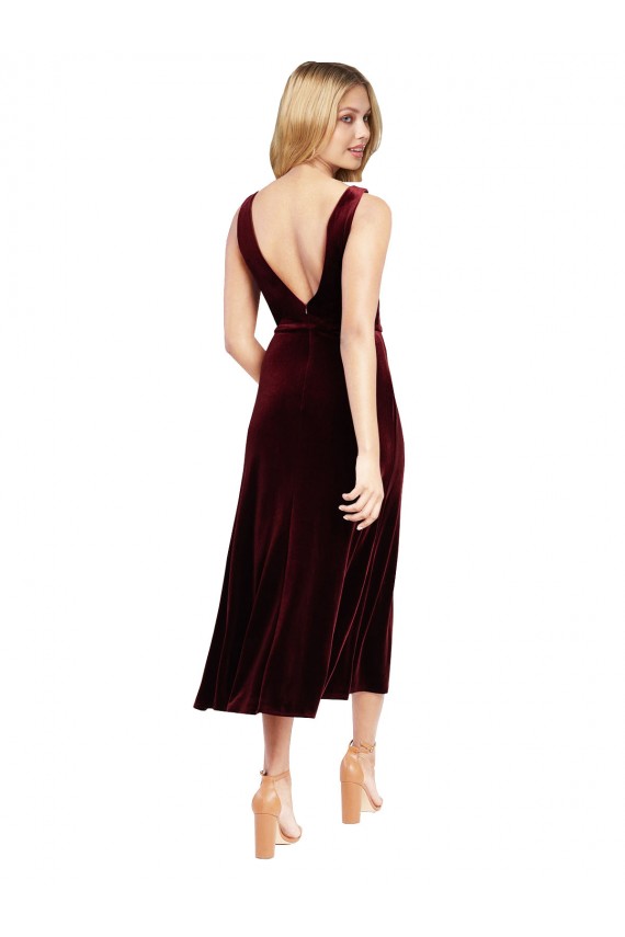 Daring Plunging V-Neckline Short Midi Cocktail Length Velvet Bridesmaid Dress / Prom Dress