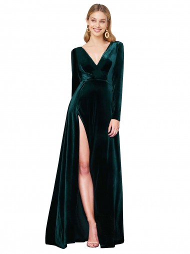 Shop Deep V-Neck Long Sleeves Formal Velvet Bridesmaid Dress / Prom Dress with High Side Split Canada