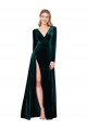 Deep V-Neck Long Sleeves Formal Velvet Bridesmaid Dress / Prom Dress with High Side Split