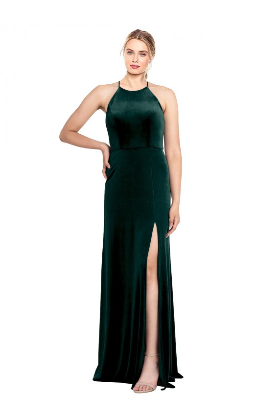 Long Jewel Neck Full Length Velvet Bridesmaid Dress / Prom Dress with Side Slit