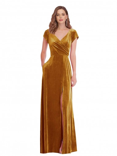 Shop Cap Sleeve Faux Wrap Formal Velvet Maxi Bridesmaid Dress / Prom Dress with Pockets Canada