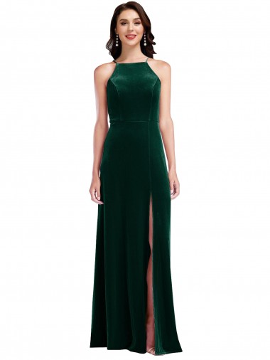 Shop Velvet Halter Maxi Bridesmaid Dress / Prom Dress with Front Slit Canada