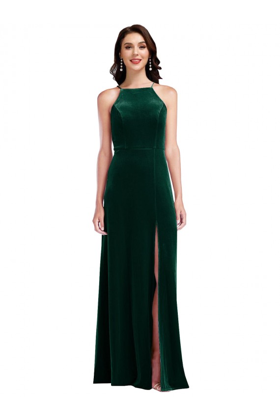 Velvet Halter Maxi Bridesmaid Dress / Prom Dress with Front Slit