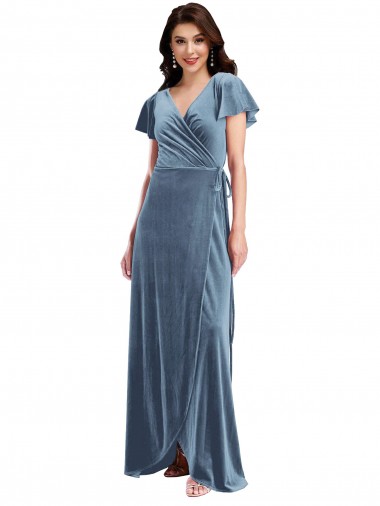 Shop Flutter Sleeve Velvet Wrap Maxi Bridesmaid Dress / Prom Dress with Pockets Canada