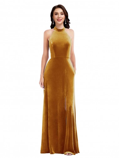 Shop High-Neck Halter Velvet Maxi Bridesmaid Dress / Prom Dress with Front Slit Canada