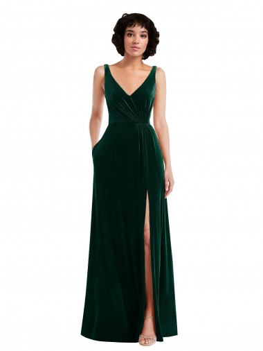 Shop Floor Length Velvet Maxi Bridesmaid Dress / Prom Dress with Shirred Bodice and Front Slit Canada