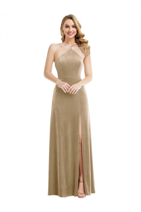 High Neck Halter Open Back Long Velvet Maxi Bridesmaid Dress / Prom Dress