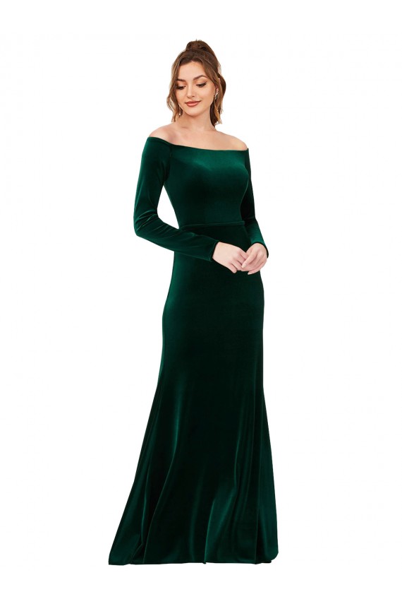 Off the Shoulder Long Sleeves Formal Stretch Velvet Bridesmaid Dress / Prom Dress