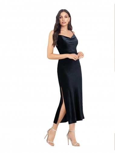 Shop Midi Cocktail Length Formal Velvet Bridesmaid Dress / Prom Dress with Cowl Neck and Spaghetti Straps Canada