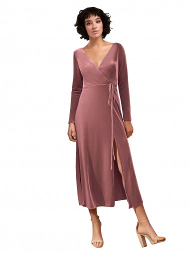 Shop Long Sleeve Velvet Faux Wrap Midi Length Bridesmaid Dress / Prom Dress Canada